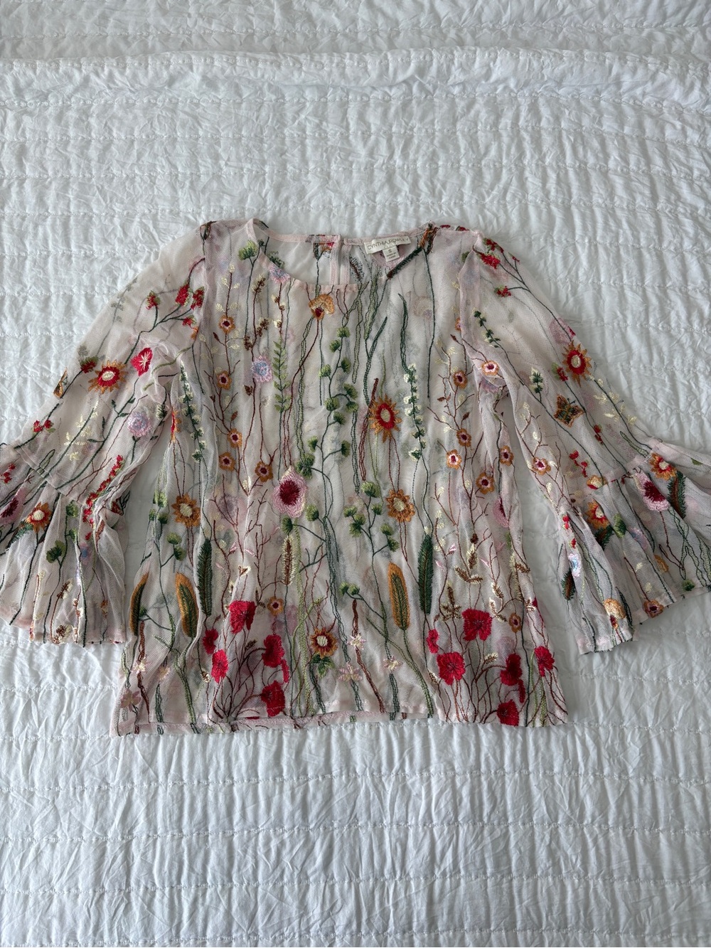 Cynthia Rowley Sheer Ivory Blouse with Multicolor Floral Embroidery